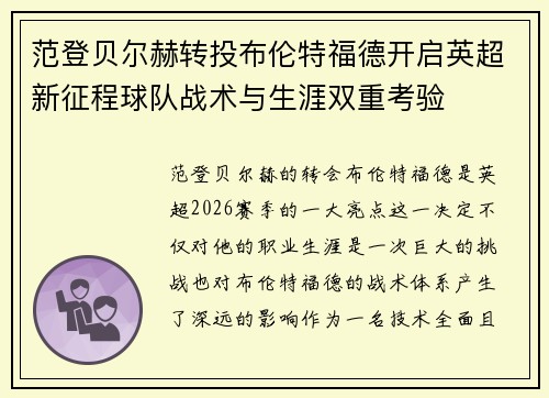 范登贝尔赫转投布伦特福德开启英超新征程球队战术与生涯双重考验